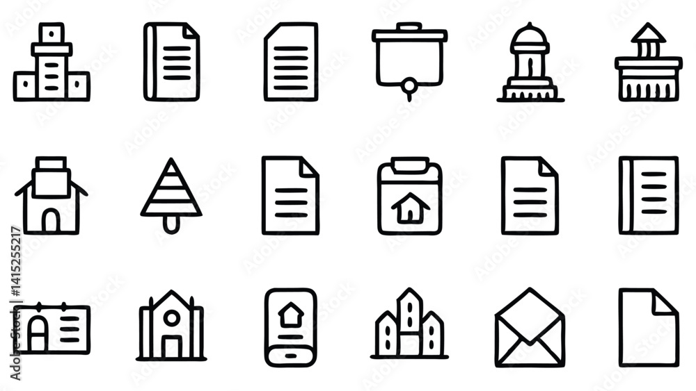 This vector icon set showcases a silhouette design of building icons, a comprehensive set for web and business use This vector icon set showcases a silhouette design of building icons, a comprehensive set for web and business use