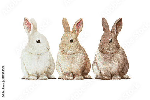 A Trio of Rabbits: Vintage Style Easter Decoration with Intricate Line Work and Warm Earth Tones against a Clean Black Background.