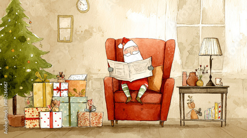 A cozy scene featuring Santa sitting in an armchair, reading a newspaper, surrounded by Christmas gifts and a decorated tree.