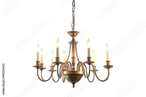 Ornate chandelier with candle-style lights hangs suspended on a chain, casting soft light