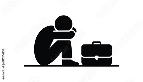 Sad Person Sitting Next to Briefcase, Emotional Stress Concept