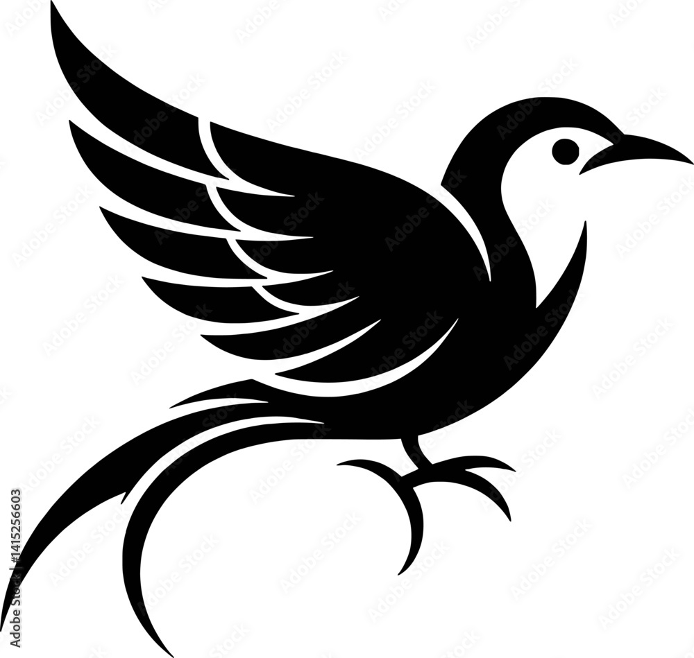 Obraz premium Elegant Bird Silhouette Vector Illustration With Intricate Wing Details And Flowing Tail Feathers