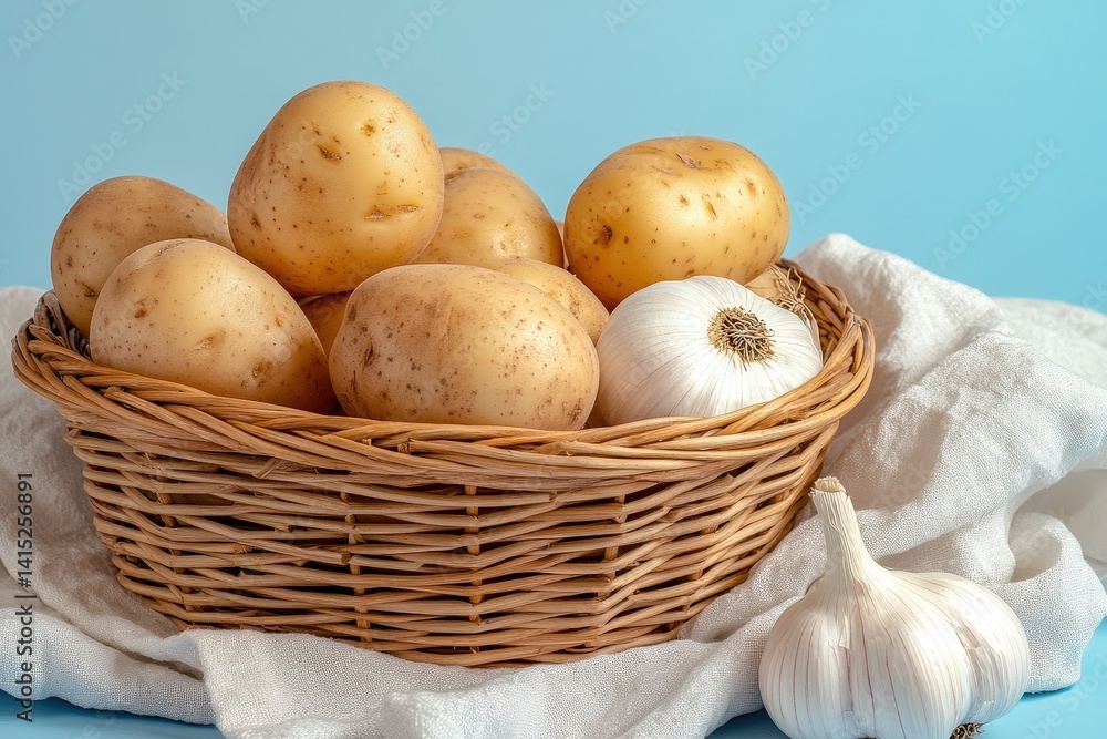 Fototapeta premium Fresh potatoes and garlic in a woven basket.