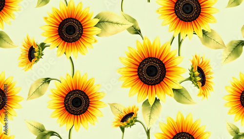 Watercolor retro sunflowers background, seamless pattern, crayon drawing, with white tones
