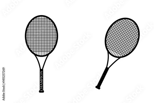 Two tennis racket in black colour/Symbol of racquet for court. Sport equipment for game, match, competition. Club of badminton. Black silhouette