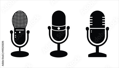 Set of Three Microphone Icons in Black Silhouette High Resolution Picture