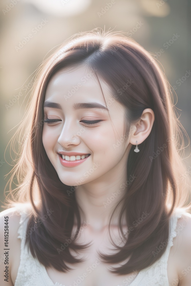 Smiling Asian Woman with Closed Eyes in Natural Light: Portrait of Joy and Serenity Smiling Asian Woman with Closed Eyes in Natural Light: Portrait of Joy and Serenity