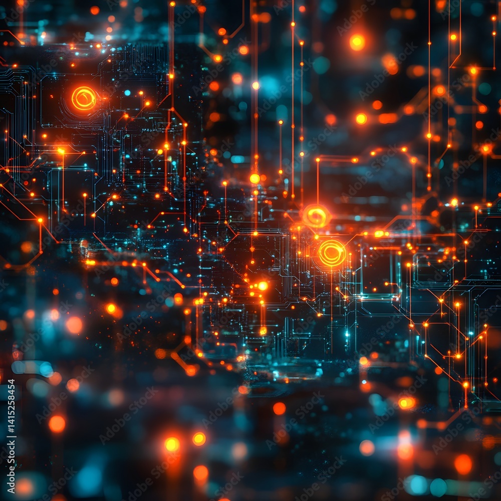Obraz premium An abstract digital artwork depicting a network of glowing nodes and connections. Intricate circuitry details evoke a sense of technological advancement. Futuristic Technology Backgrounds