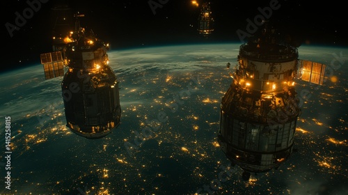 Fototapeta Naklejka Na Ścianę i Meble -  Two illuminated spacecraft orbit Earth at night, city lights visible below. Dark space background.