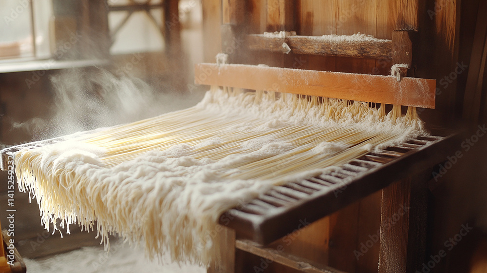Fresh pasta drying on wooden rack