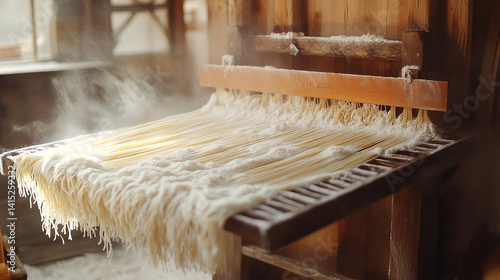 Obraz na płótnie Fresh pasta drying on wooden rack w salonie