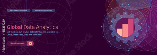 Abstract big in cloud global quantum data network connection banner or header, wireframe colourful connected dots and fractals for worldwide business intelligence, ai, statistics, analytics, insights