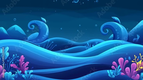 Underwater landscape with swirling waves and vibrant flora