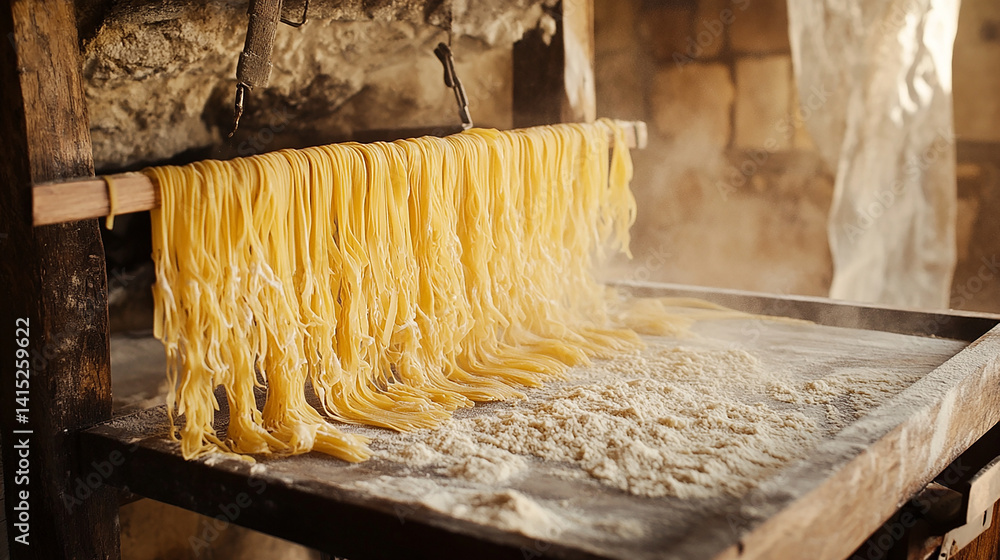 Fresh pasta drying on wooden rack