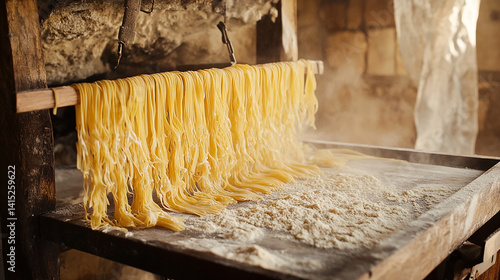 Obraz na płótnie Fresh pasta drying on wooden rack w salonie