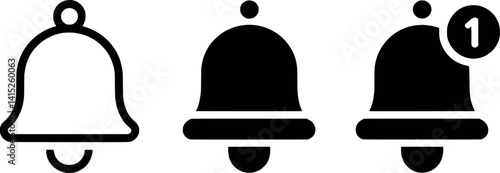 Three Notification Bell Icons Outline Filled And With New Message Alert