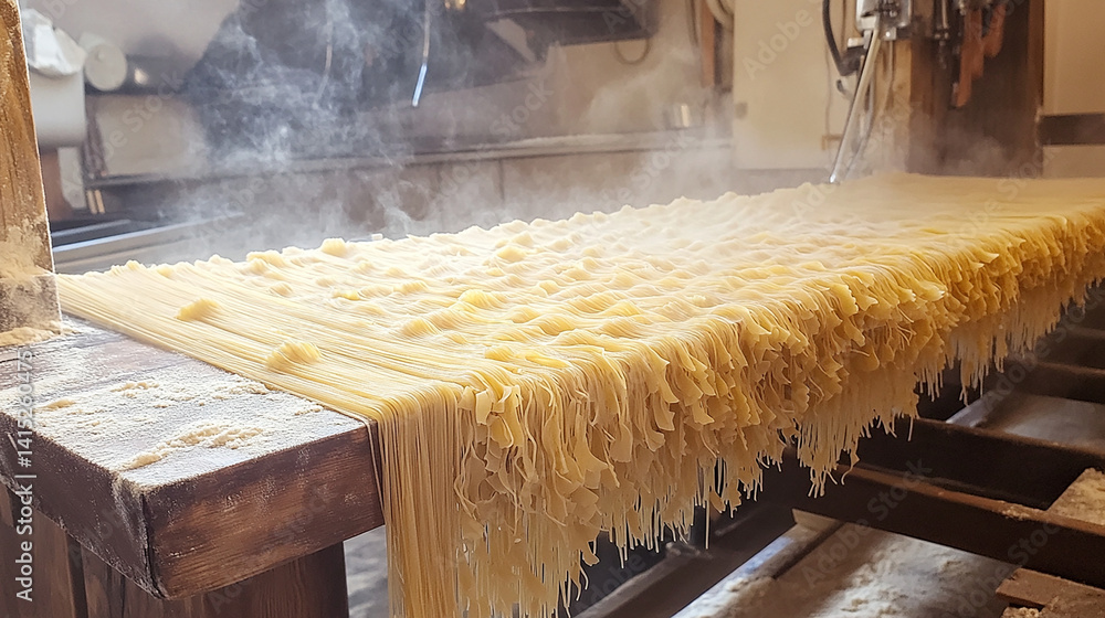 Fresh pasta drying on wooden rack