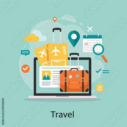 Travel Planning:  Planning your next adventure? A laptop screen displays a visual representation of travel planning, showcasing elements like flight tickets, luggage, location pins, calendars.
