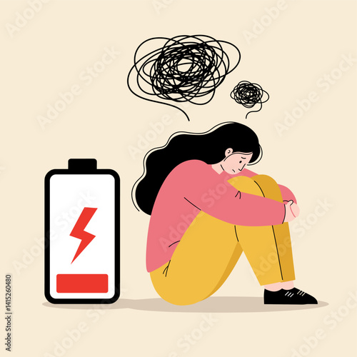 Emotional Exhaustion: A person is grappling with the weight of burnout, symbolized by a draining battery and tangled thoughts. Capturing the essence of exhaustion and mental strain.