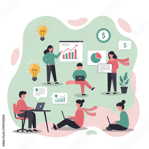 Brainstorming and Collaboration: A vibrant team of diverse professionals engage in a brainstorming session, generating ideas, analyzing data, and collaborating on a new project.