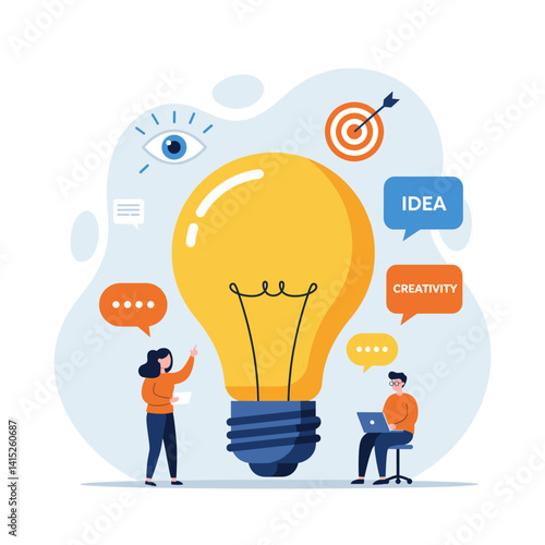 Idea and Creativity: An illustrated scene capturing the essence of a bright idea. The image depicts an illuminated light bulb surrounded by elements representing creativity.