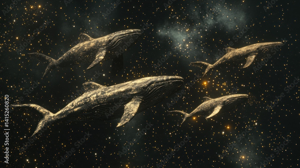 Fototapeta premium flying whales swimming through stars in surreal night sky