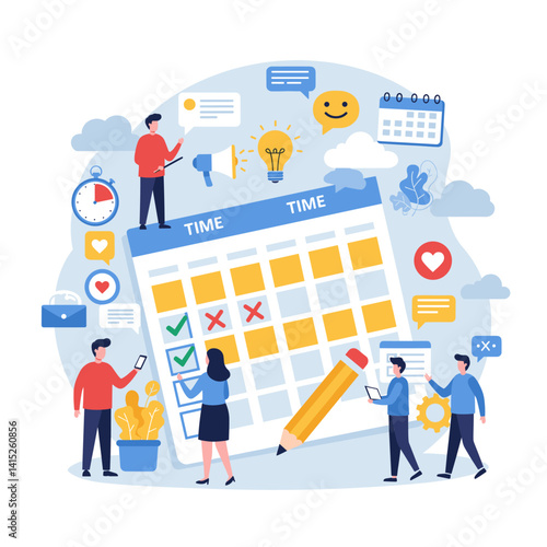 Calendar Planning: A team of diverse individuals collaborates around a giant calendar, marking important dates and milestones with focus. It's a visual representation of time management.