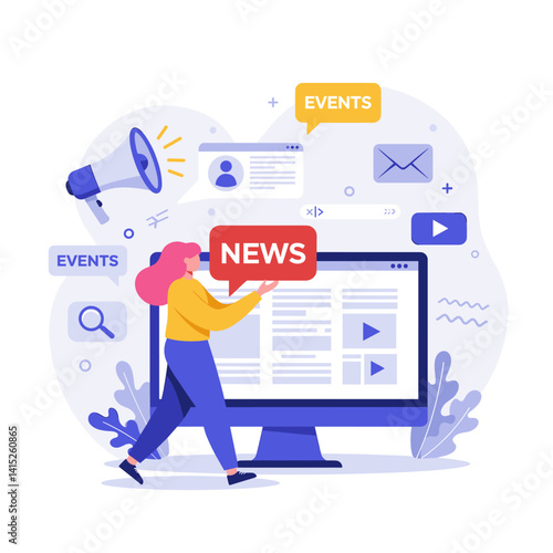 Online News & Media: A woman steps towards a computer screen, reaching out towards the word "NEWS" displayed prominently on a website. The scene is surrounded by various icons.