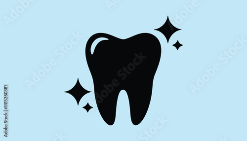 Shiny Tooth Icon Vector – Black Silhouette with Sparkles for Dental Care, Whitening, and Hygiene Designs