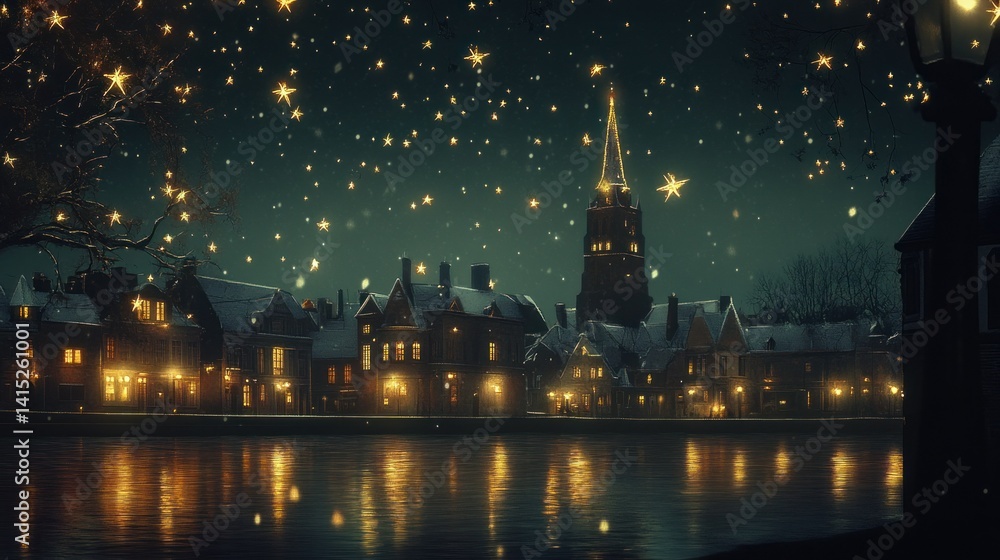 Obraz premium glittery stars falling gently like snow over quiet town