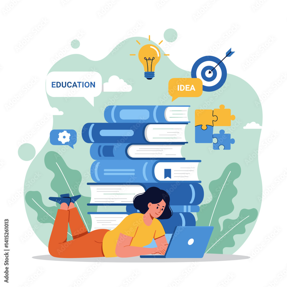 Fototapeta premium Bright Mind's Journey: a vibrant illustration showcases a person engrossed in learning, surrounded by books, ideas, and the pursuit of knowledge.