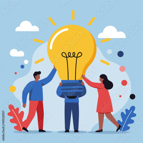 Obraz na plátně Team Illuminating Idea: a collective effort to bring a bright idea to life, with a radiant lightbulb at the center, signifying innovation and collaboration, surrounded by uplifting design elements