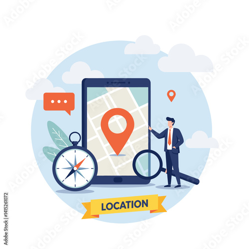 Navigating Discovery: A digital illustration showcasing a person discovering location by compass and digital map with the spirit of navigation, and exploration.