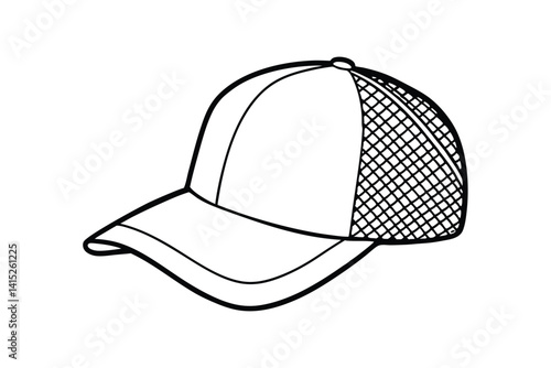 Line art illustration of a trucker cap with mesh back and foam front panel.eps