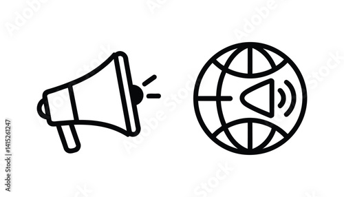 Megaphone and Global Communication Icon – Sound Waves and World Map for Announcement, Marketing, and Media Graphics