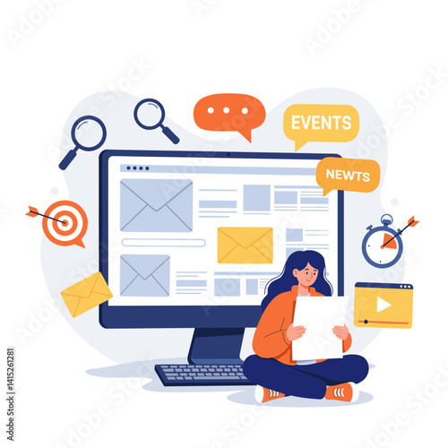 Digital News Curator: A young woman sits cross-legged in front of a large computer screen displaying news articles and email, symbolizing online news curation and content management.
