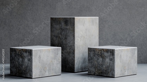 Minimalist industrial concrete display blocks for product presentation with dark textured background lighting.