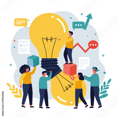 Innovation Collective: A collaborative illustration of individuals working together to construct a luminous idea, symbolizing creativity, teamwork, and the realization of innovative concepts.