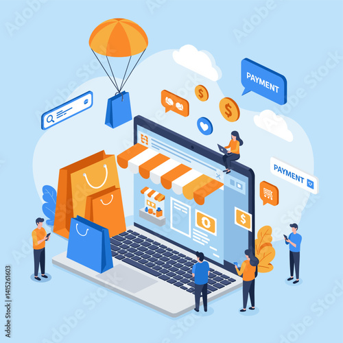 E-commerce Illustration: An engaging illustration of modern e-commerce, portraying a vibrant online shopping experience with a laptop at its core.