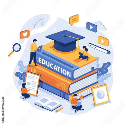 Educational Illustration: A vibrant graphic illustrating the essence of education with books, mortarboard, and students. Illustrating online learning, knowledge acquisition, and academic pursuit.