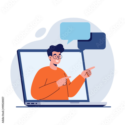 Online Instructor with Chat Bubbles: A dynamic illustration of an online instructor, engaged and communicative, pointing towards information with speech bubbles.