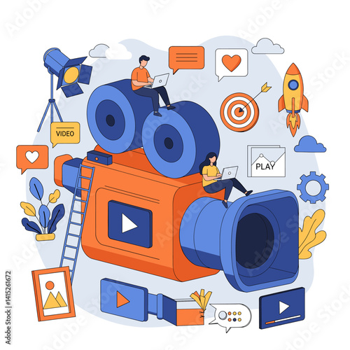 Video Content Creation Team: A vibrant illustration showcasing a team collaborating on video content creation, symbolized by people working on laptops atop a large video camera.