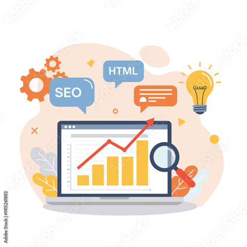 Digital Growth Strategy: An illustration depicts a laptop with a growing bar graph, a magnifying glass, speech bubbles labeled "SEO" and "HTML," a chat icon, a lightbulb, and gears.