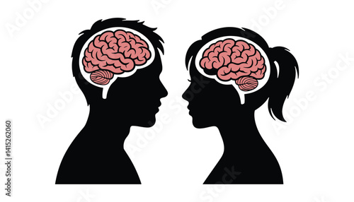 Man and Woman Silhouette with Brain Icon – Male and Female Profile with Brain Illustration for Psychology and Gender Studies
