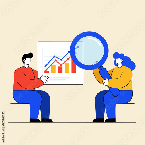 Analyzing Data: A conceptual illustration featuring a man and a woman meticulously examining business data, symbolized by charts and graphs, using a magnifying glass.