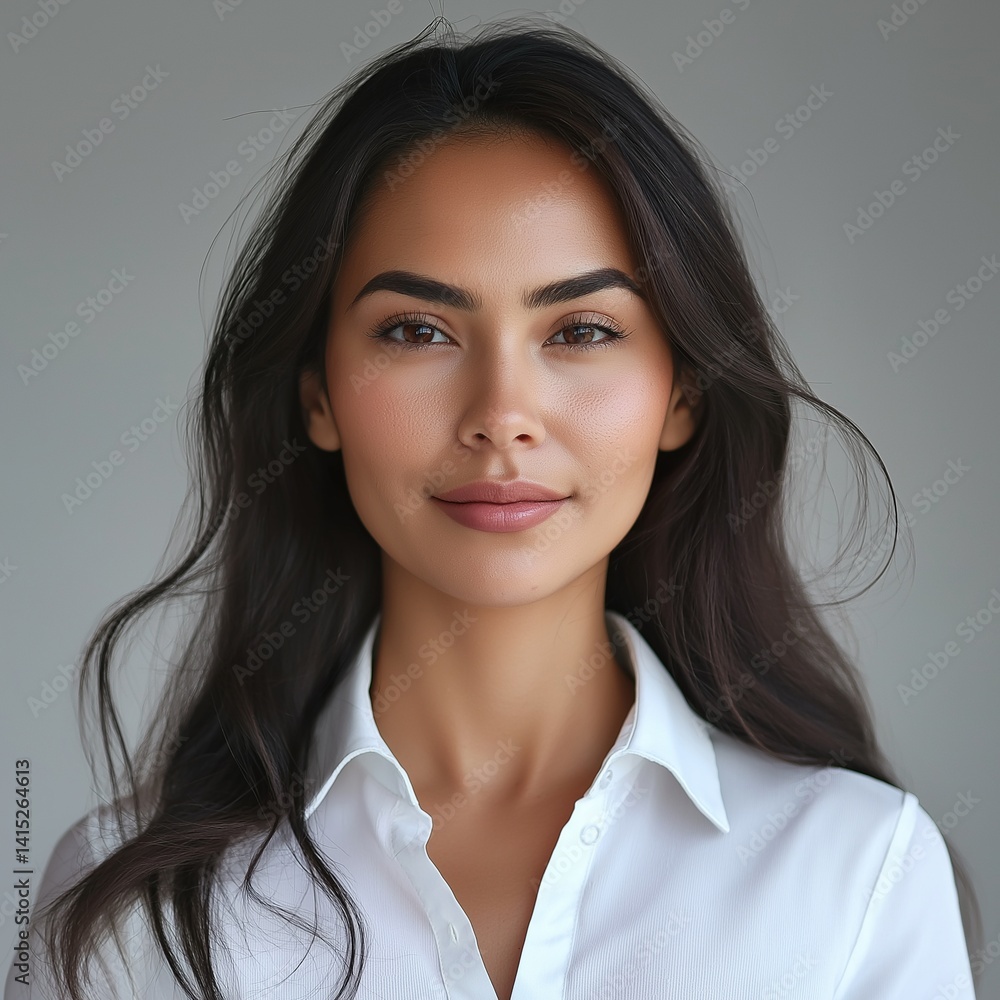 Fototapeta premium Hispanic female employee. ID photo, ID card, employee ID card. Passport photo. Studio background. AI generated.