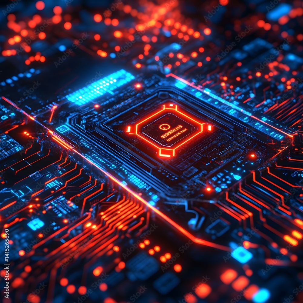 Close-up view of a futuristic circuit board with vibrant red and blue glowing lines. Shows intricate detail and modern technology. Futuristic Technology Backgrounds Cybernetic Circuitry Close-up view of a futuristic circuit board with vibrant red and blue glowing lines. Shows intricate detail and modern technology. Futuristic Technology Backgrounds Cybernetic Circuitry