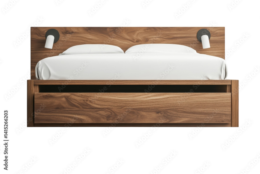 Modern walnut wood platform bed with built in drawer and integrated bedside lights sleek minimalist design perfect for contemporary on transparent background Modern walnut wood platform bed with built in drawer and integrated bedside lights sleek minimalist design perfect for contemporary on transparent background