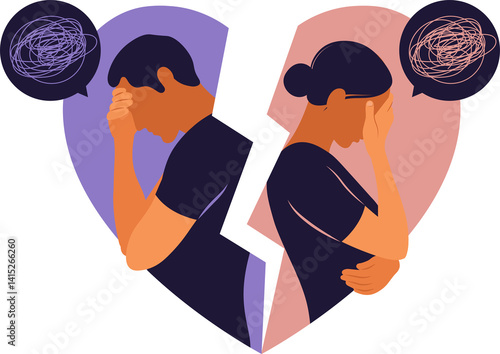 Concept of divorce, misunderstanding in family. Disagreement, relationship troubles. Man and woman in a quarrel. Conflicts between husband and wife on transparent background.