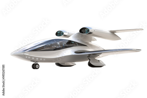 Sleek silver futuristic jet plane design with a glass cockpit, isolated on a transparent background